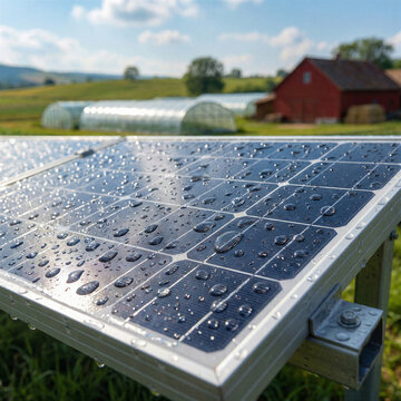 Wet photovoltaic solar panel with water droplets on rural farm