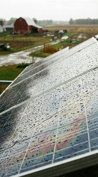 Rain falling on wet solar panels at rural agricultural farm