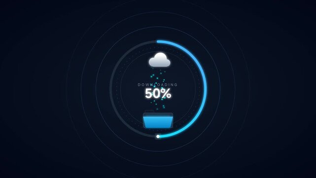 Fifty percent digital progress bar showing cloud data synchronization and transfer on dark background