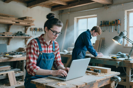 Young adult Caucasian female carpenter using laptop at workbench while male colleague works in background. Image represents small business management and digital integration in carpentry