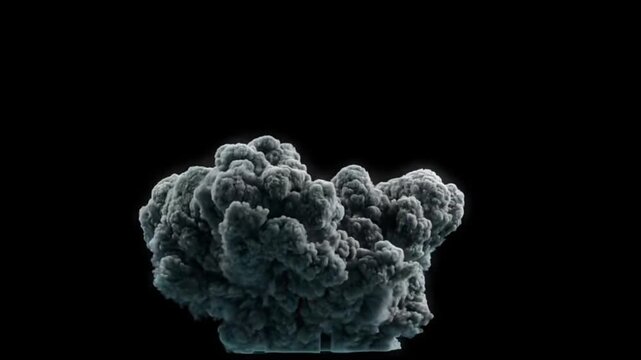 Cinematic dark smoke plume and explosion effect isolated on black background for visual design