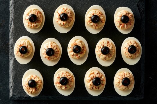 Halloween deviled eggs decorated as spooky eyeballs