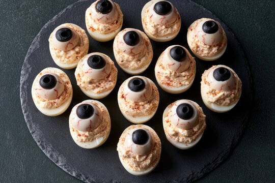 Halloween deviled eggs decorated as spooky eyeballs