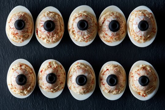 Halloween deviled eggs decorated as spooky eyeballs