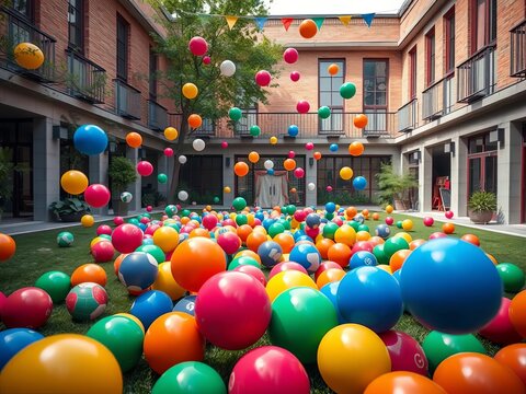 Courtyard filled with bouncing balls and laughter, joy, sports