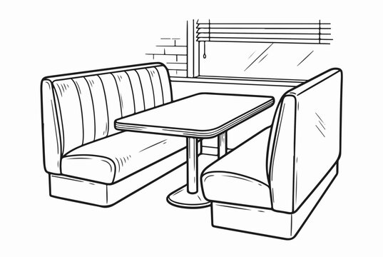Retro diner booth with table and padded seats. Vintage restaurant interior seating area. Line art illustration isolated on white background