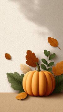 Thanksgiving Background with Pumpkin and Autumn Leaves.