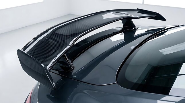 Carbon fiber rear spoiler on luxury car.