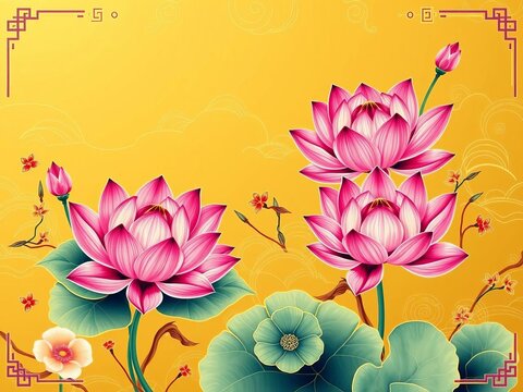 Elegant Chinese-inspired floral pattern featuring vector-designed lotus flowers on a golden background, adorned with intricate lines and leaves, white, wallpaper