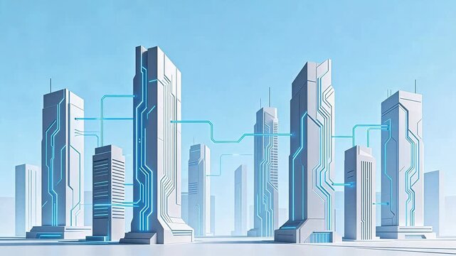 Futuristic cityscape with glowing blue lines