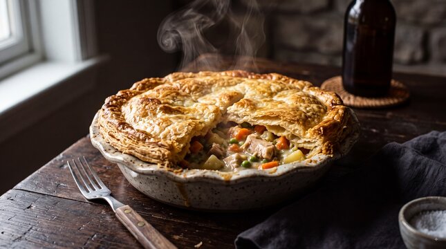 Chicken Pot Pie with Flaky Crust Dramatic Lighting Comfort Food