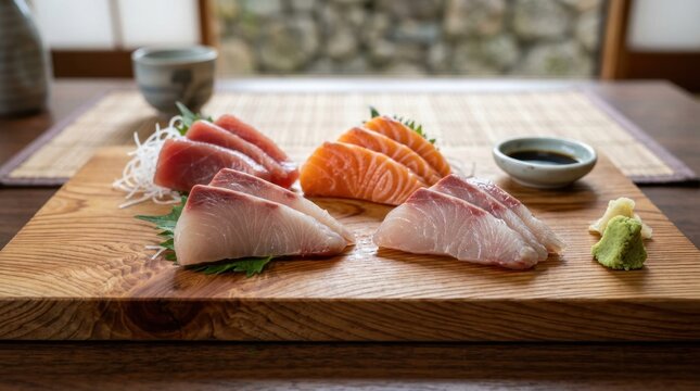 Sashimi platter with raw salmon, tuna, and yellowtail on a wooden board, served with soy sauce and wasabi