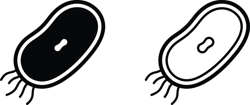 Minimalist bacteria vector icons, black and white microbe cell symbols, scientific microorganism line art for medical infographics