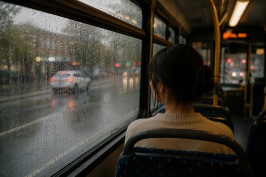 Passenger looking through a rain covered bus window on a gloomy day