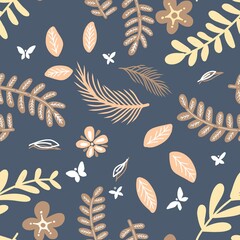 Elegant dark floral seamless pattern with flying butterfly and botanical leaves vector illustration © aldrin