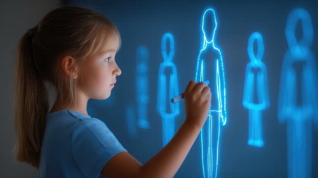 A young girl uses a stylus to draw glowing digital human figures on a transparent screen, exploring interactive technology and creativity.