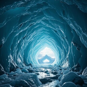Ice cave inside a glacier with crystal-clear deep turquoise ice walls lit by soft natural light entering entrance