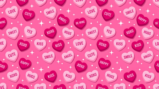 Seamless pattern with candy hearts on a pink background, perfect for valentines day designs, romantic stationery, and festive wrapping paper