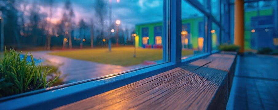 A close-up view of a wooden bench alongside a glass window with a blurred outdoor evening scene in the background.