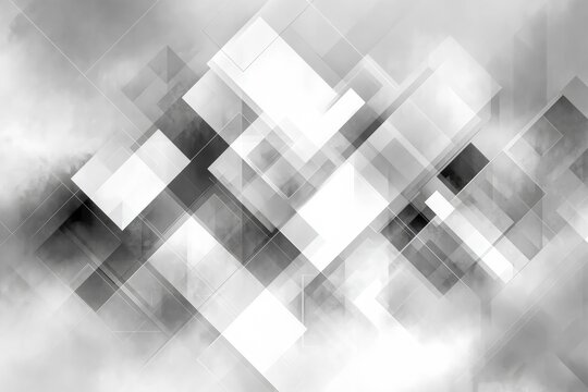 Abstract geometric shapes in black and white create a modern artistic composition, featuring overlapping squares and rectangles with varying opacity and transparency for visual depth and intrigue