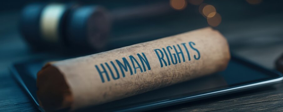 A close-up of a rolled parchment labeled "Human Rights" resting on a desk, suggesting legal or social justice themes.