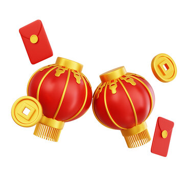 Happy chinese new year wealth and prosperity with chinese lanterns and golden coins 3d render illustration