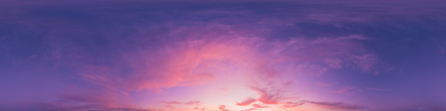 Panorama sky sunset featuring a seamless 360 degree equirectangular view of a vibrant pink and purple dusk with copy space