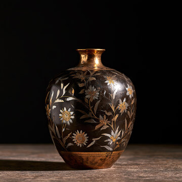 Dark decorative vase with floral design and golden accents