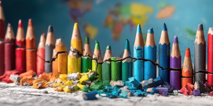 Colorful crayons arranged by color, broken and cracked, with a blurred world map in the background.
