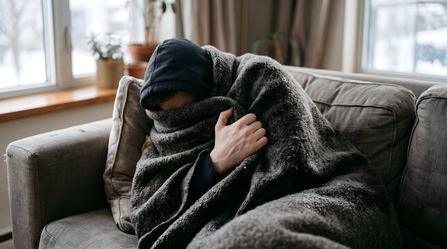 Person wrapped in a blanket while sitting on a couch feeling cold