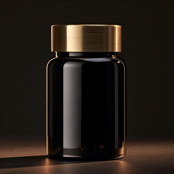 Glossy dark jar with metallic gold lid on dark background