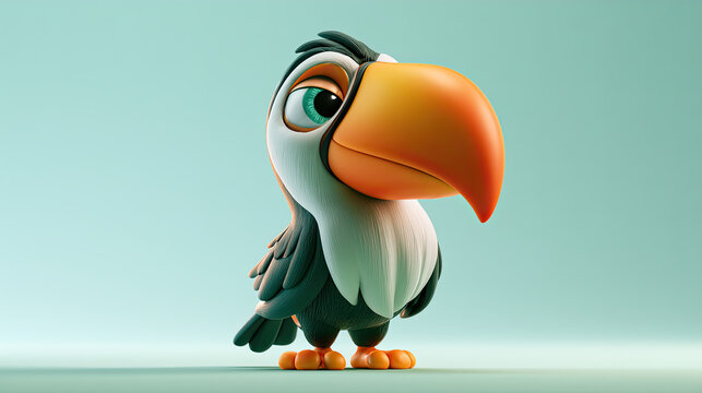 3D cartoon toucan with bright orange beak on teal background