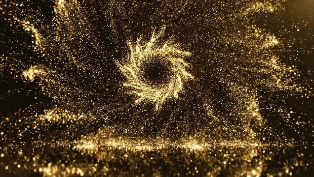 Golden particles swirling inwards then expanding outwards with subtle radial motion against a dark backdrop with particles spiraling inward