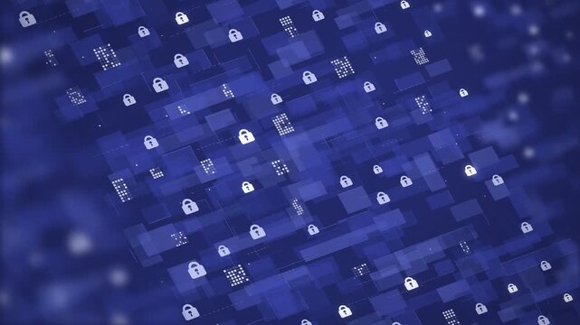Padlock icons and data blocks in a diagonal pattern on a blue background, for cybersecurity, privacy, and encryption themes