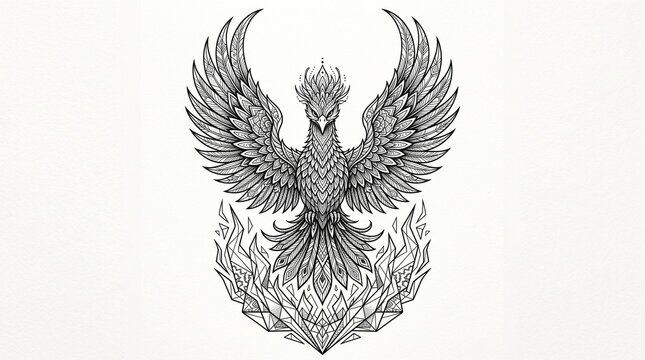 Geometric phoenix bird illustration, abstract mythical creature line art design.