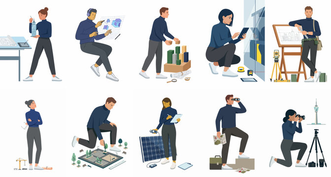 Set of flat vector character illustrations showcasing various professional roles including scientist, engineer, artist, photographer, and other modern careers.