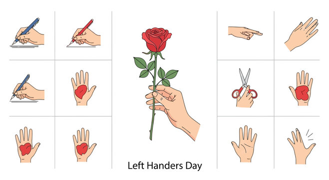 Left Handers Day Collage: Writing, Rose, Scissors, Hands