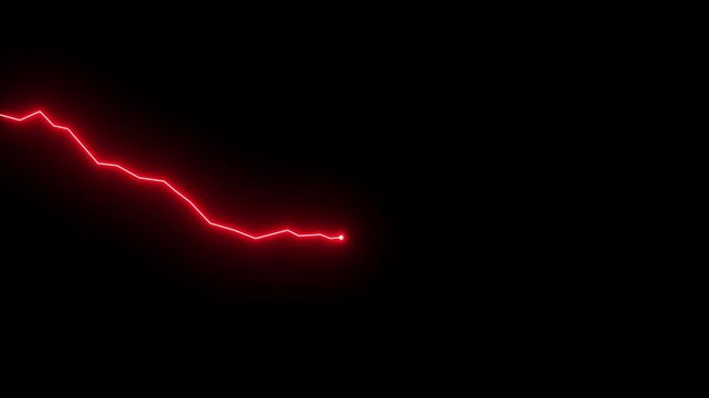 A glowing video showcasing a declining trend in a down graph with a red neon line on black background animation