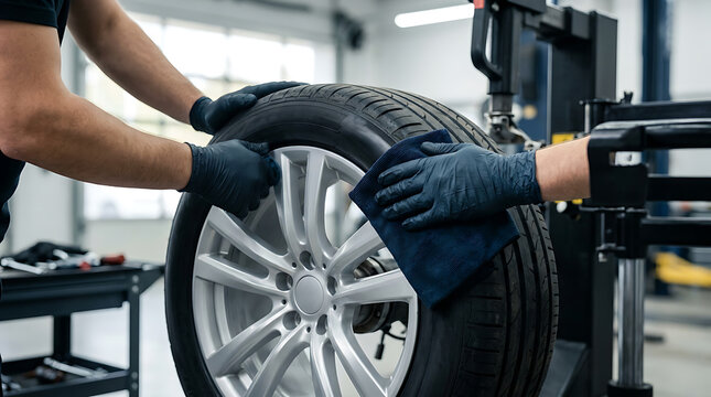 automobile tire maintenance process in a modern workshop with technicians working on vehicle wheels