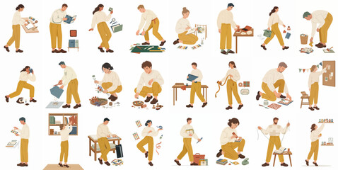 Obraz premium A diverse set of flat vector illustrations depicting people enjoying various creative hobbies, home DIY projects, and artisanal crafting activities.