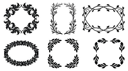 Fototapeta premium Halloween floral wreaths and laurel frames set, 6 black botanical border vectors, elegant hand-drawn leaf ornaments for wedding stationery isolated on Transparent Background Editable Halloween EPS