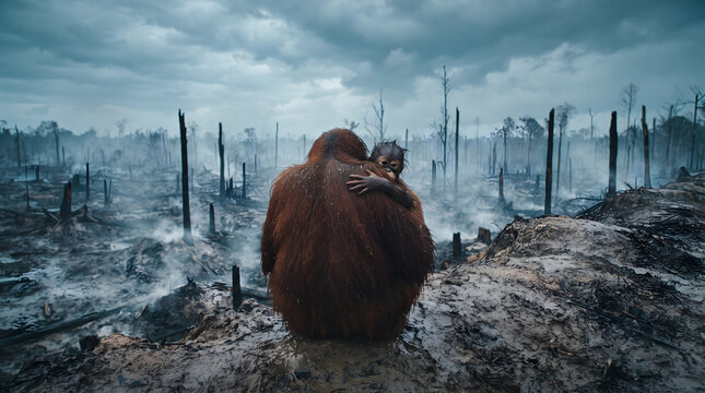 A powerful and sad image of an orangutan mother hugging her baby while sitting in a destroyed, deforested jungle. Charred, smoking tree trunks and a dark, cloudy sky depict the tragic impact of hab...