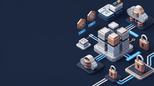 Isometric data servers connected by lines with security locks and cloud storage symbols