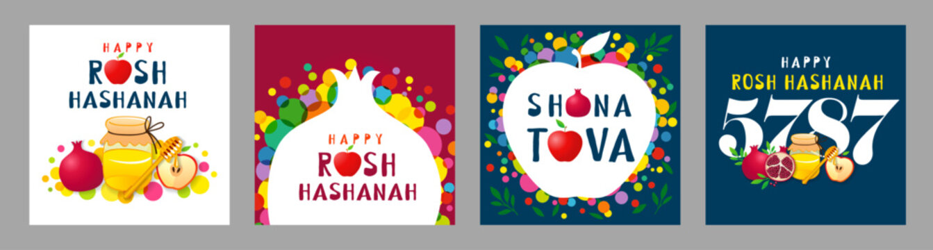 Happy Rosh Hashanah and Shana Tova greetings set 2026. Jewish holiday greeting cards design with apple, pomegranate and honey. Rosh Hashanah 5787 banners with holiday pattern