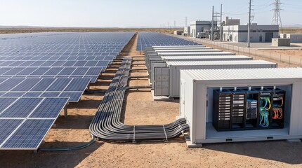 Industrial solar farm energy storage containers feature advanced server racks with complex electrical wiring connections within a vast desert landscape setting © TK4