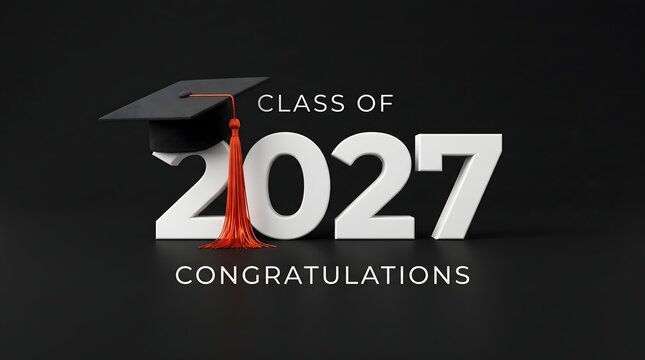 Class of 2027 graduation announcement featuring a cap and tassel design on a dark background congratulating all future high school graduates on their achievement