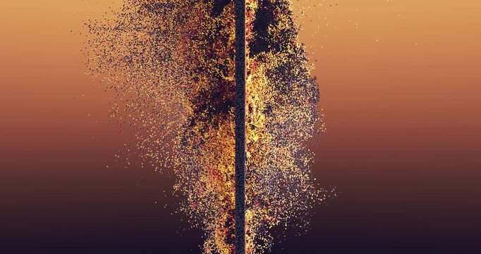 Thousands of glowing orange, gold and dark particles dynamically emerge, spread and swirl around a central vertical object against a gradient background, creating an abstract digital transformation