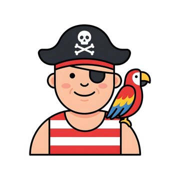 Cartoon Illustration of a Pirate Character Wearing an Eyepatch and Hat with a Colorful Parrot on His Shoulder