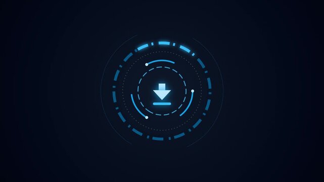 Glowing Futuristic Download Icon on High Tech Digital HUD Circle Interface Background