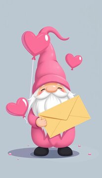 Cute pink gnome with heart balloon and letter holding a cartoon flat vector illustration, ||Pink, Balloon